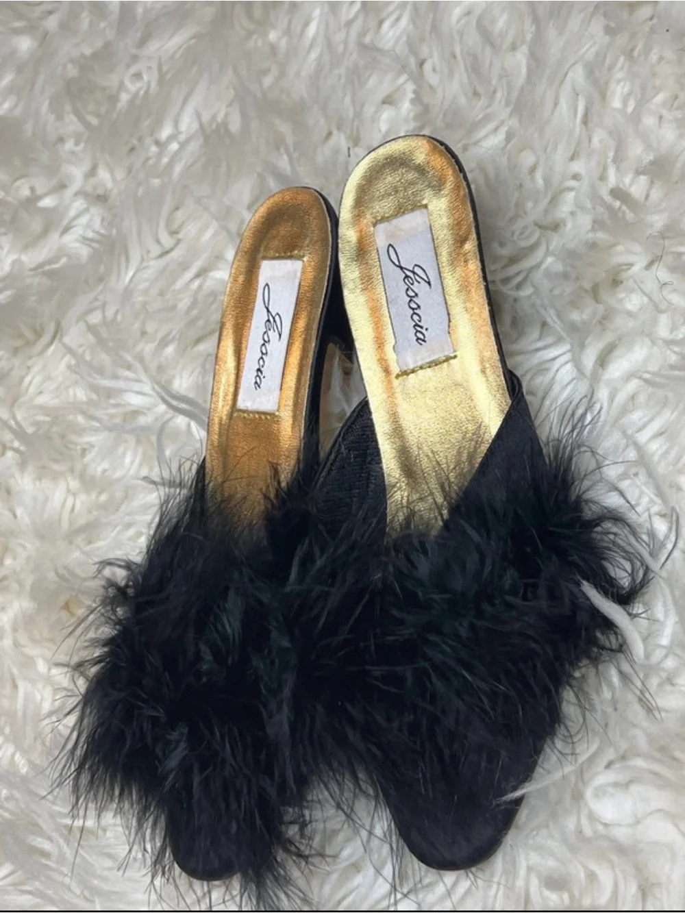 VTG Jessica Black Feather Kitten heel Sandals with Gold Insole